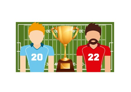 american football players with gold trophy and green field over white background. colorful design. vector illustrationのイラスト素材