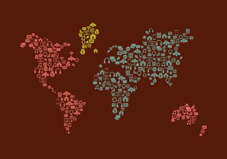 social media icons in world map shape over red background. vector illustrationのイラスト素材