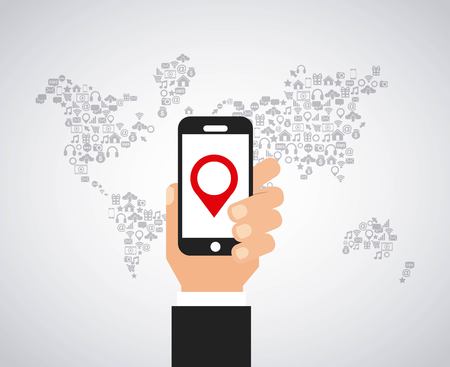 human hand holding a smartphone device over world map icon over white background. vector illustrationのイラスト素材