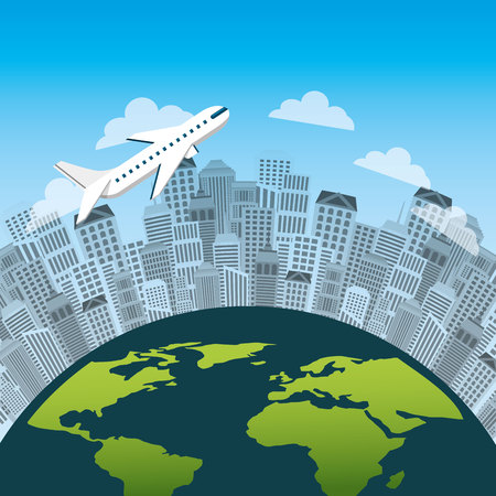 urban city and airplane flying around earth planet icon. travel and tourism design. vector illustraitonのイラスト素材