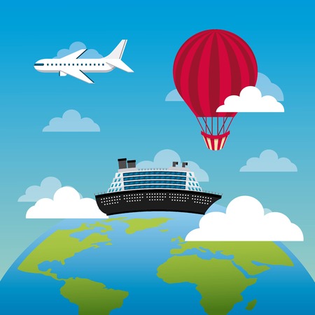 earth planet and big cruise with airplane and balloon flying. travel and tourism design. vector illustraitonのイラスト素材