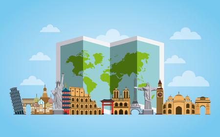 iconics monuments of the world and map over blue background. travel and tourism design. vector illustraitonのイラスト素材