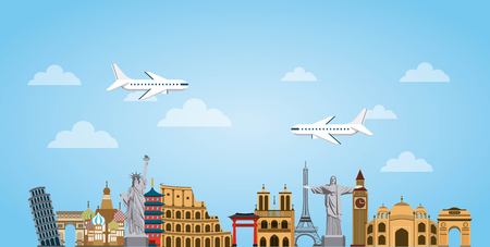 Iconic monuments of the world over sky background. colorful design. vector illustrationのイラスト素材