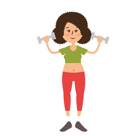 woman lifting dumbbells,  cartoon icon over white background. fitness lifestyle concept. colorful design. vector illustrationのイラスト素材