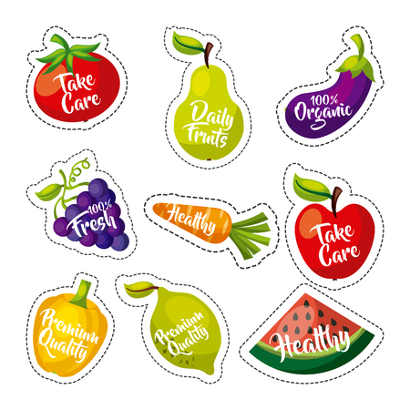 assorted fruits vegetables healthy organic vegetarian foods related icons image vector illustration designのイラスト素材