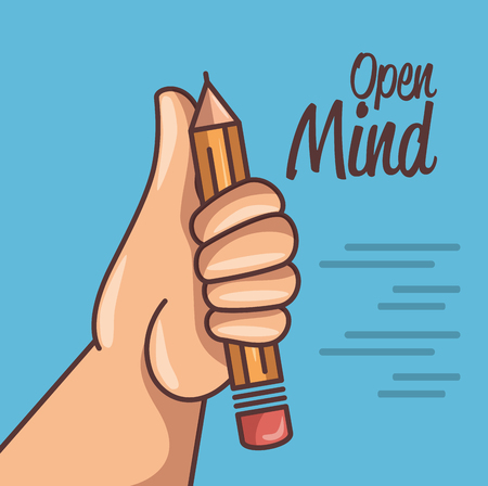 Hand holding a pencil with lines and open mind sign over blue background. Vector illustration.のイラスト素材