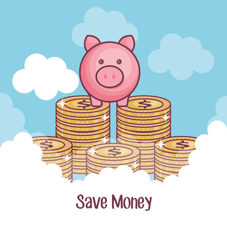 Piggy bank and coins over blue background. Vector illustration.のイラスト素材