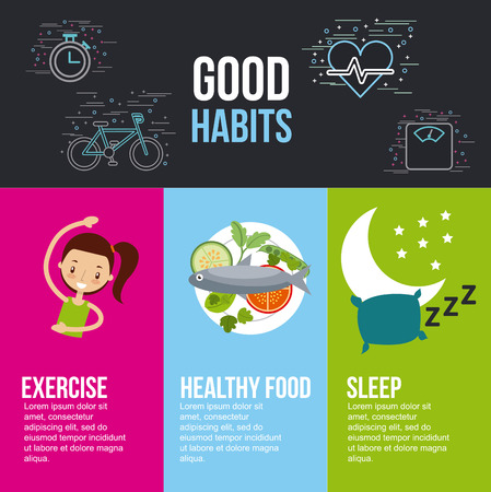 good habits exercise healthy food sleep lettering with related icons vector illustration designのイラスト素材