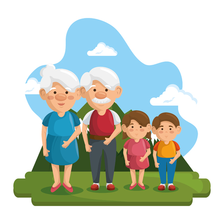 Grandparents and grandchildren at park with mountain and blue sky behind, over white background. Vector illustration.のイラスト素材
