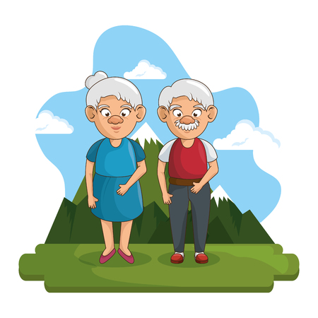 Old people at the park with mountains and blue sky behind over white background. Vector illustration.のイラスト素材
