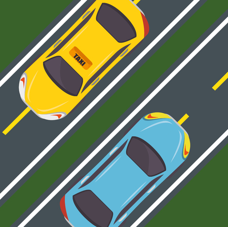 Seen from above, two streets, a taxi cab and a blue car over green background. Vector illustration.のイラスト素材