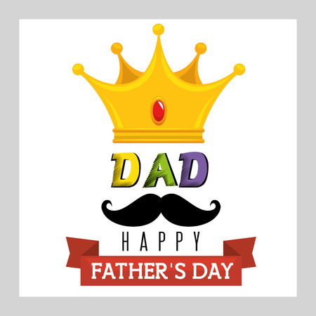 Happy father day card with ribbon, mustache and crown over white background. Vector illustration.のイラスト素材