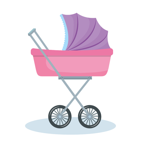 Purple and pink baby stroller over white background. Vector illustration.のイラスト素材