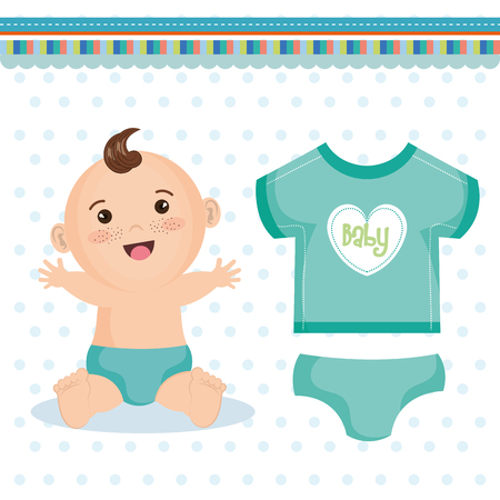 Cute happy baby boy with blue diaper and teal clothing over white dotted background. Vector illustration.のイラスト素材