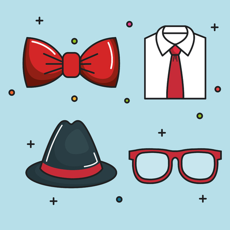 Red bowtie, formal shirt, trilby hat and glasses over blue background. Vector illustration.のイラスト素材