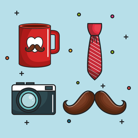 Mug, tie, vintage camera and mustache over blue background.のイラスト素材