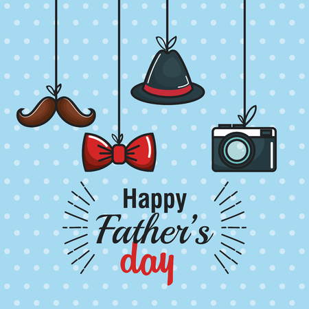 Happy father day card with hanging mustache, bowtie, trilby hat and vintage camera over blue dotted background. Vector illustration.のイラスト素材