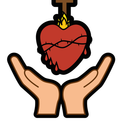 hands with sacred heart icon over white background. colorful design. vector illustrationのイラスト素材