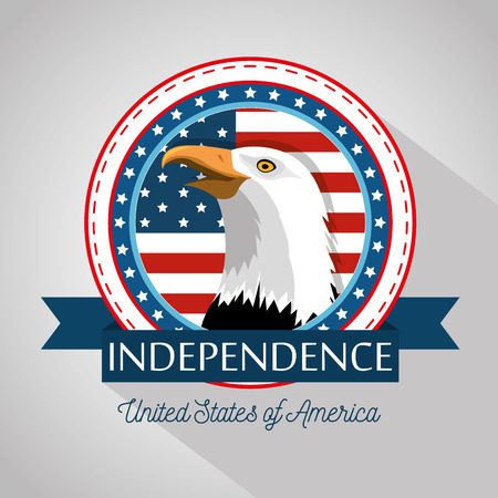 American eagle and flag sticker with independence sign and ribbon over grey background. Vector illustrationのイラスト素材