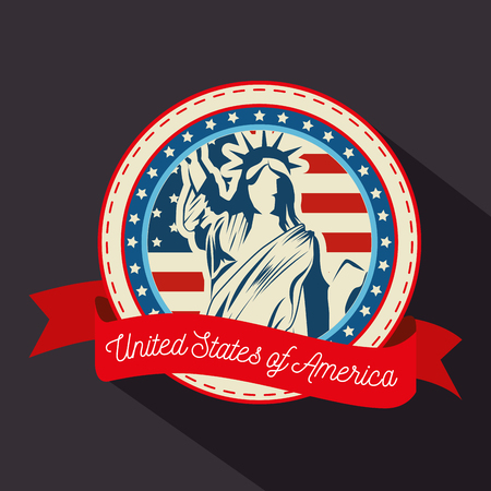 Statue of liberty silhouette, american flag and ribbon over grey background. Vector illustration.のイラスト素材