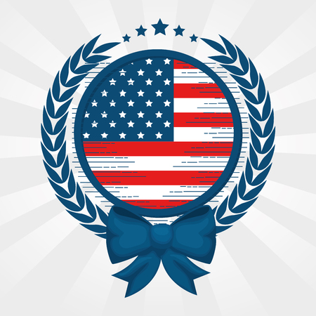 American flag with round frame, bow and laurel wreath over white background. Vector illustrationのイラスト素材