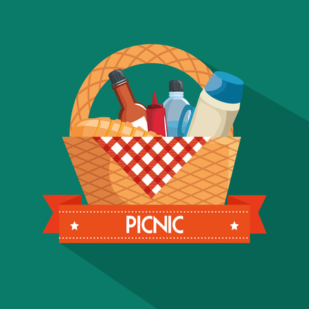 Picnic basket, food, red gingham cloth over teal background. Vector illustrationのイラスト素材