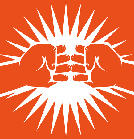 Hand drawn bumping fists over orange background. Vector illustration.のイラスト素材