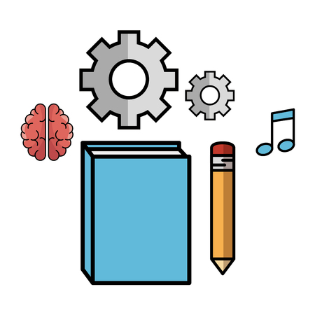 Book, pencil, brain, gear wheels and beam notes over white background. Vector illustration.のイラスト素材