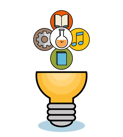 Light bulb with gear wheel, books, flask and beam notes icons over white background. Vector illustration.のイラスト素材