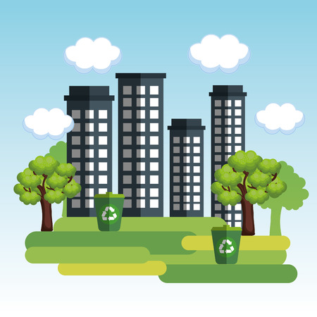 City design with buildings, trees and recycling cans over white and blue background. Vector illustration.のイラスト素材