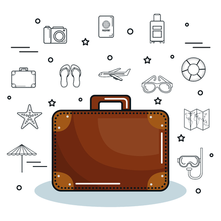Suitcase over hand drawn objects related to vacations on the beach over the white background. Vector illustration.のイラスト素材