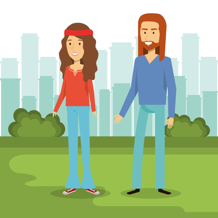 Hippie couple standing on green grass with daytime city skyline. Vector illustration.のイラスト素材