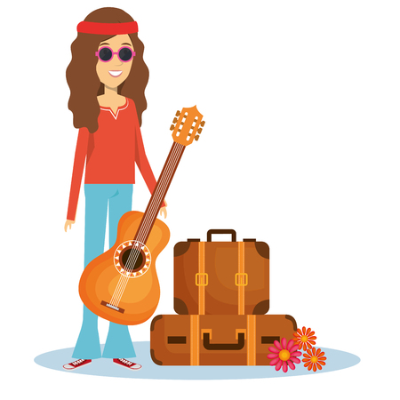 Hippie woman with guitar, suitcases and flowers over white background. Vector illustration.のイラスト素材