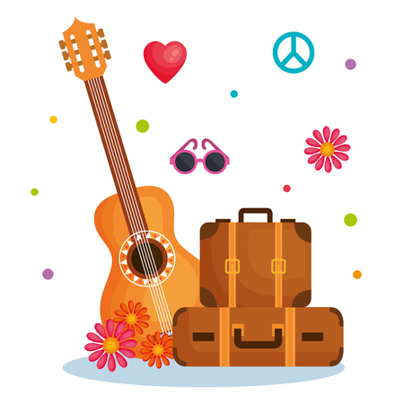 Guitar, suitcases and other hippie objects over white background. Vector illustration.のイラスト素材