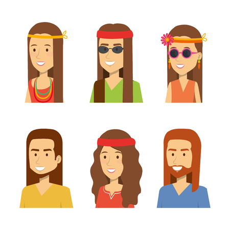 Set of smiling hippie people over white background. Vector illustration.のイラスト素材