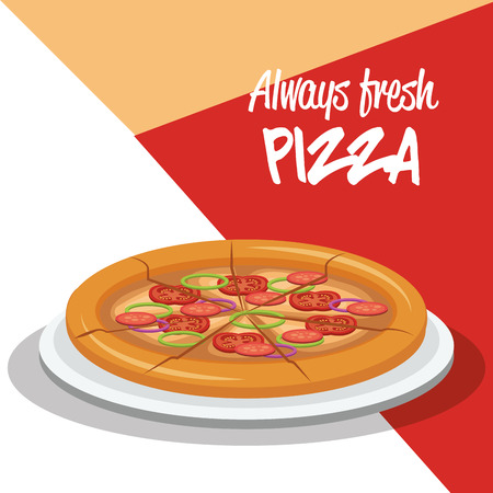 Pizza over red, peach and white background with always fresh sign. Vector illustration.のイラスト素材