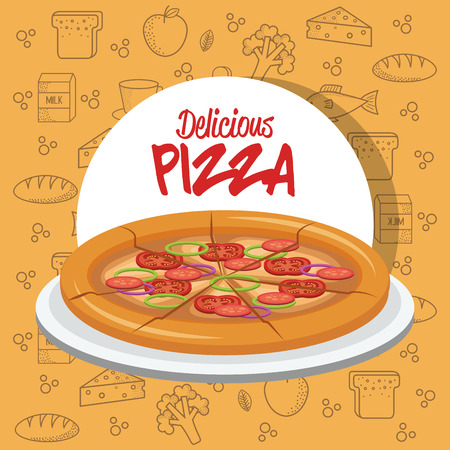 Pizza with delicious pizza sign over yellow background with hand drawn food. Vector illustration.のイラスト素材