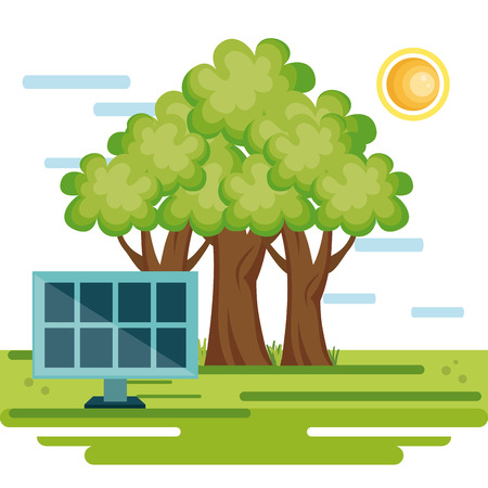 Countryside with trees and solar panel on a sunny day over white background. Vector illustration.のイラスト素材