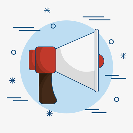 A red and white bullhorn icon over blue and white background.の写真素材