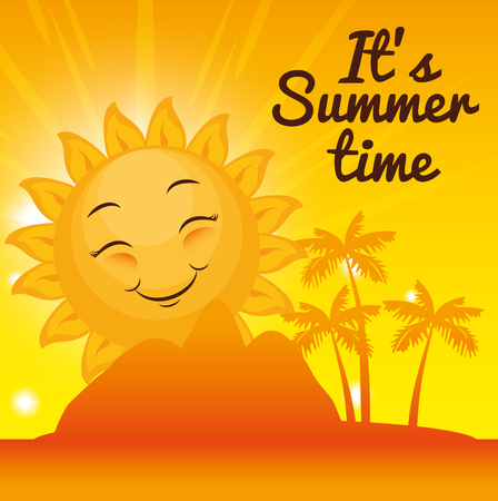 Happy sun and island silhouette with summer time sign over yellow background. Vector illustration.のイラスト素材
