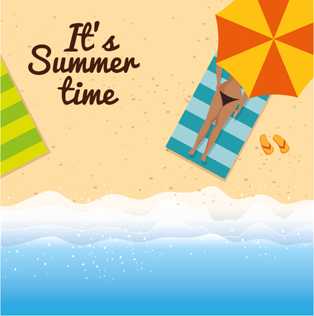 Woman sunbathing in the beach with umbrella and summer time sign. Vector illustrationのイラスト素材