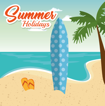 Surf board and flip flops over beach landscape background. Vector illustration.のイラスト素材