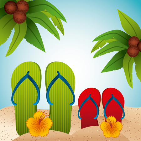 tropical beach with flip flops vacation image vector illustration designのイラスト素材