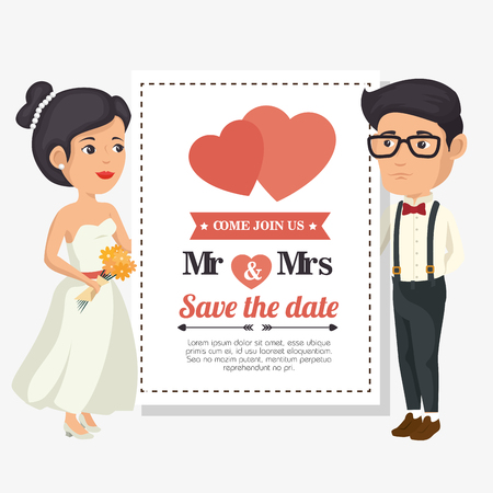 Wedding invitation with bride and groom over white background. Vector illustration.のイラスト素材