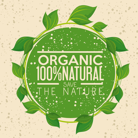 Green organic label with leaves over beige background. Vector illustration.のイラスト素材