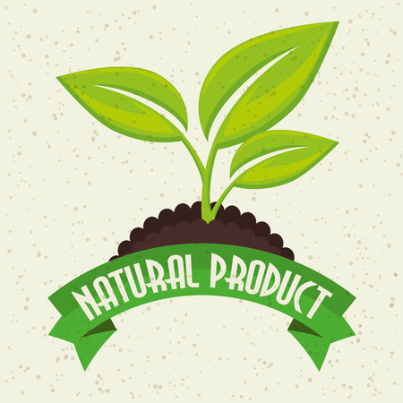 Natural product label with leaves and soil over beige background. Vector illustration.のイラスト素材