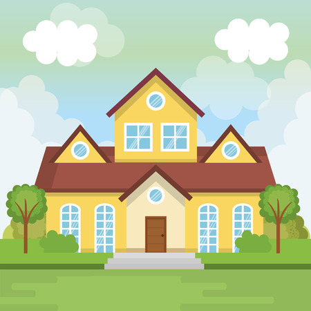 Yellow house view from outside with trees vector illustrationのイラスト素材