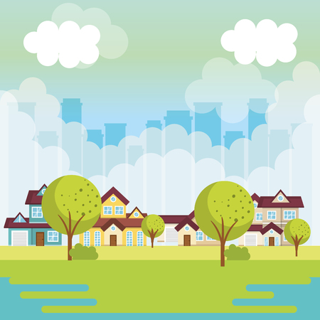 Neighborhood with houses fog and city skyline vector illustrationのイラスト素材