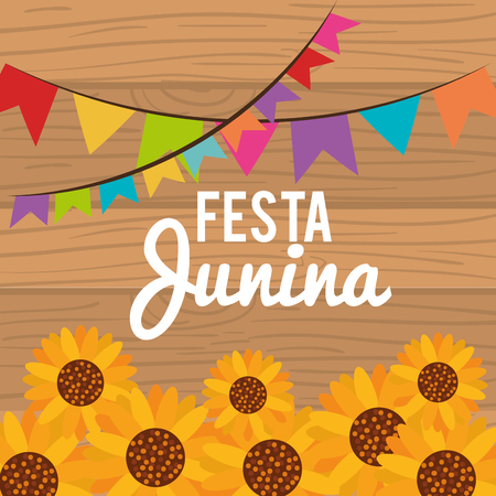Festa junina design with sunflowers and banners over wood background. Vector illustration.のイラスト素材