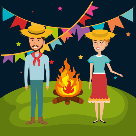 People celebrating festa junina with fire and banners. Vector illustration.のイラスト素材